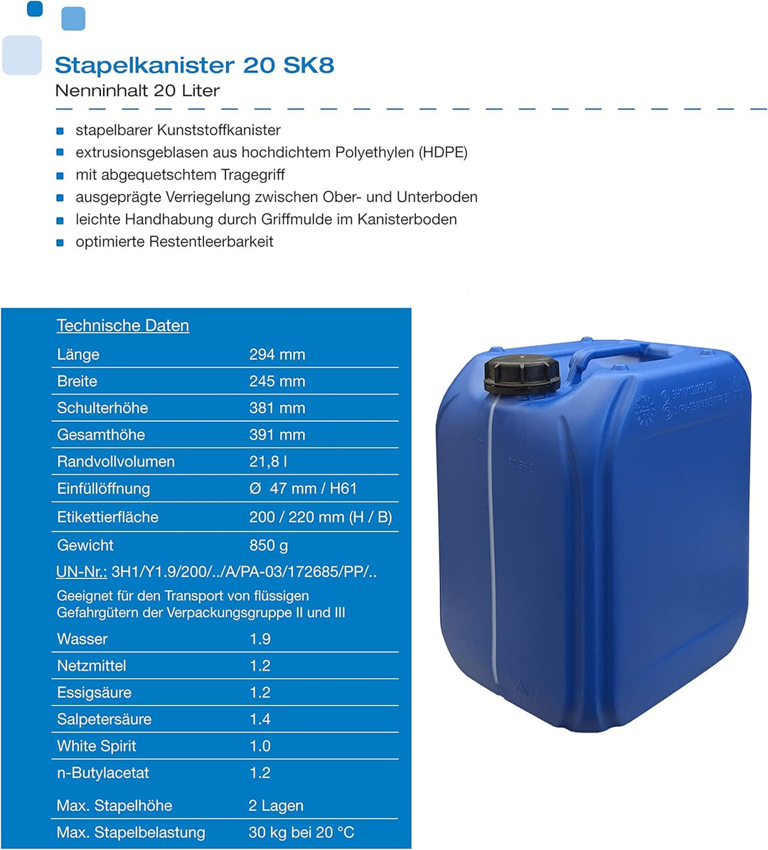 plasteo® 6er Set: 20 L Kanister Wasserkanister Blau inkl. Deckel und 1 x Auslaufhahn | BPA-Frei Lebe
