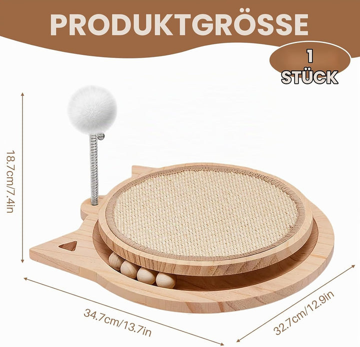 3-IN-1 Kratzbrett Katze Holz, Katzenkratzbrett mit Natürlicher Sisalmatt kratzmöbel Katze mit kugelb