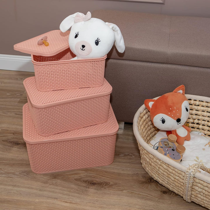 BranQ - Home essential Korb mit Deckel in Rattan Design 2er Set Grösse M 10 l, BPA-frei Kunststoff P