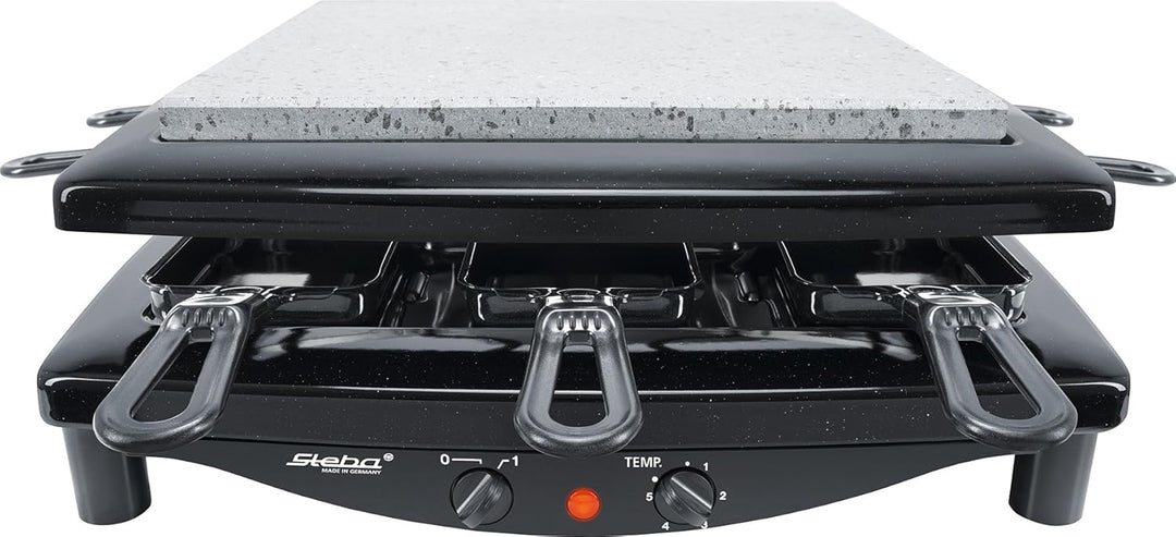 Steba Made in Germany Raclette, Wendbare emaillierte Gusseisen-Grillplatte + Natursteinplatte, 8 Spü