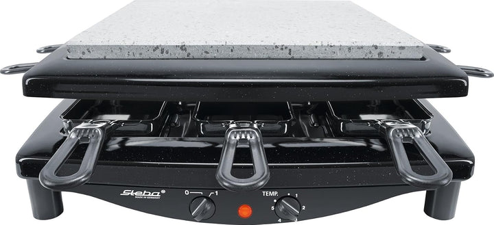Steba Made in Germany Raclette, Wendbare emaillierte Gusseisen-Grillplatte + Natursteinplatte, 8 Spü