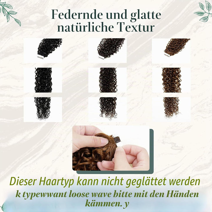 RUNATURE Tape in Extensions Echthaar Braun 35cm 20pcs Locken Haarverlangerung Invisible Tape Extensi
