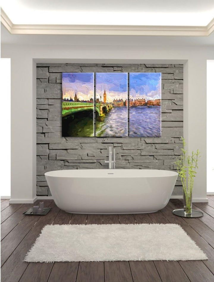 Pixxprint Big Ben mit Brücke in London Pinsel Effekt 3-Teiler Leinwandbild 120x80 Bild auf Leinwand