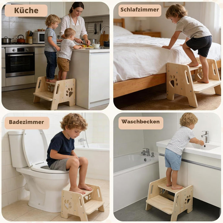 Tritthocker Kinder Holz Tritthocker 2 Stufen mit Griffen 3 Höhenverstellbar rutschfeste Matte Step S