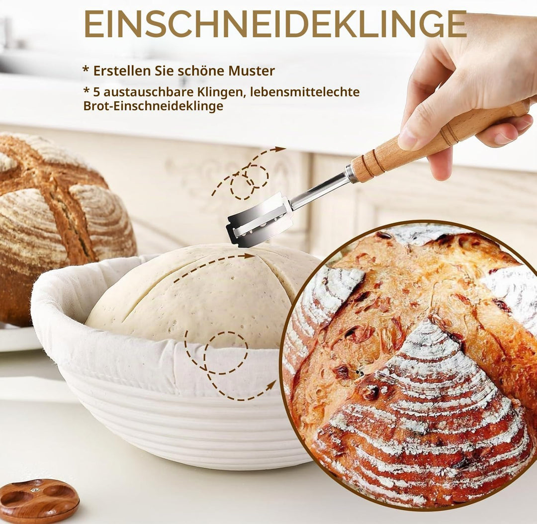 Gärkorb Brot Set,25cm Gärkörbchen zum Brotbacken, Sauerteig Starter Set, Einschliesslich Teigschaber