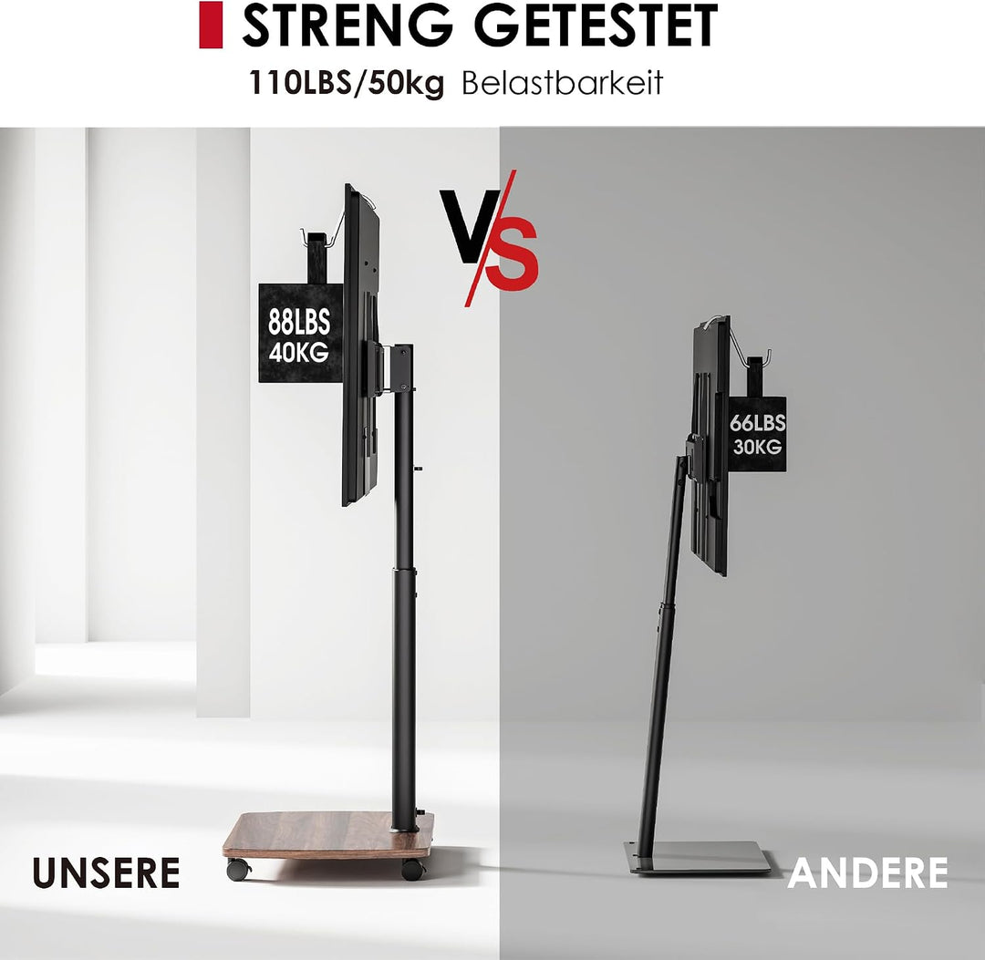 AOKCOS TV Ständer Rollbar mit Holzablage, Fernsehständer auf Rollen für 32-65 Zoll Fernseher, TV Bod