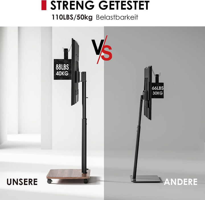 AOKCOS TV Ständer Rollbar mit Holzablage, Fernsehständer auf Rollen für 32-65 Zoll Fernseher, TV Bod