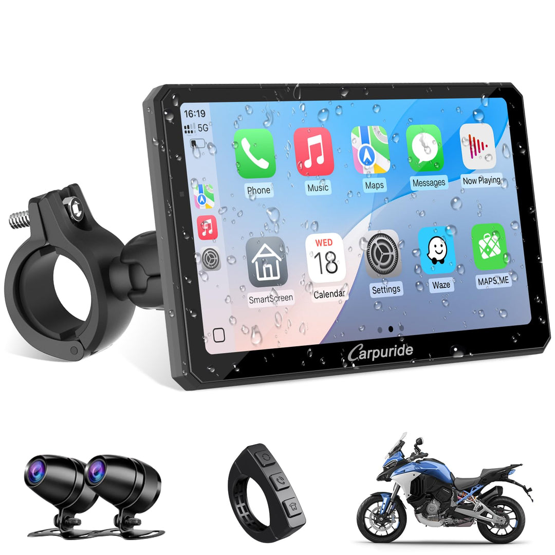 Carpuride W712D Motorrad Carplay Bildschirm mit 1080P Doppelkameras, Kabellos CarPlay und Android Au
