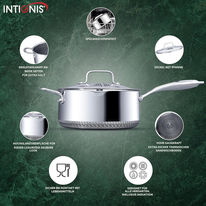 INTIGNIS 22 cm / 3.5 L Antihaft-Kochtopf mit Doppeltgriff und Deckel | Edelstahl | Für Induktion Gas