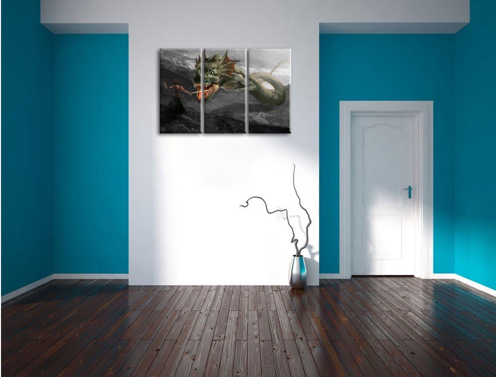 Pixxprint Drache kämpft gegen Krieger als Leinwandbild/Grösse: 3 Teilig (120x80) cm/Wandbild/Kunstdr