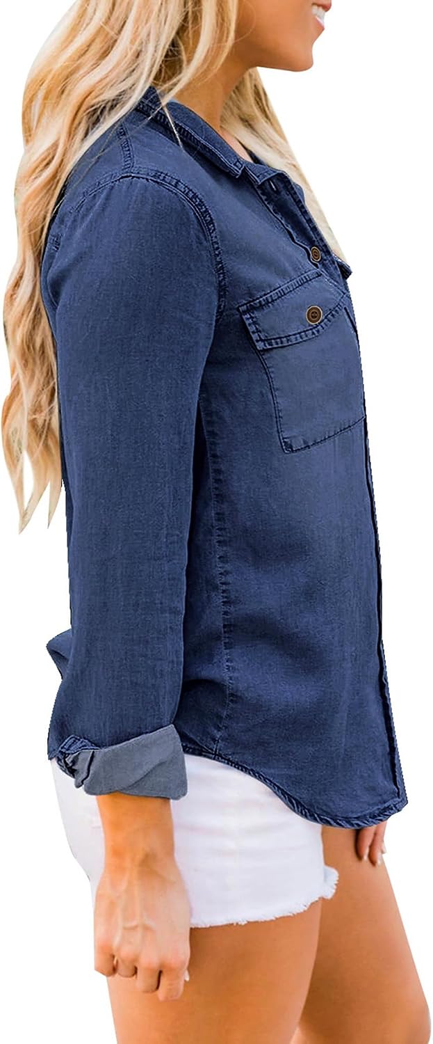 Roskiky Jeanshemd Damen Bluse Damen Western Hemden Tunika Damen Langarm Button Down Oberteile Damen
