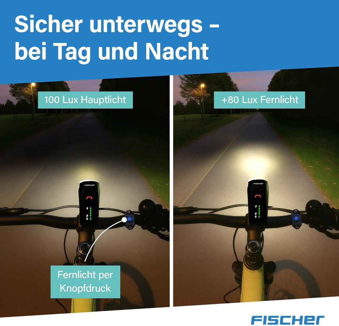 FISCHER Fahrrad LED-Frontlicht 100 Lux Fernlicht, mit Sensormodus, spritzwassergeschütztes Gehäuse,