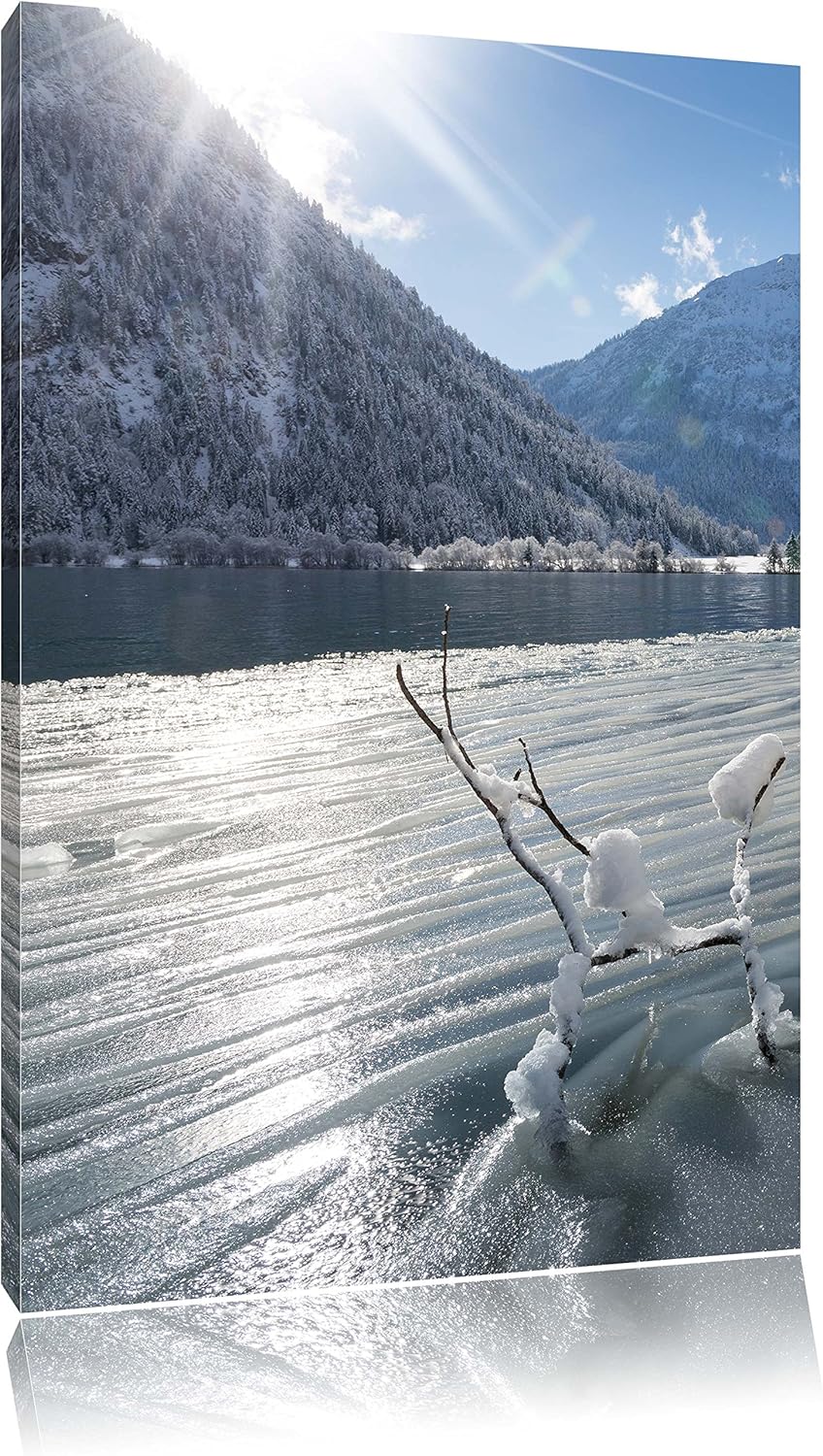 Winterlandschaft See, Format: 100x70 auf Leinwand, XXL riesige Bilder fertig gerahmt mit Keilrahmen,