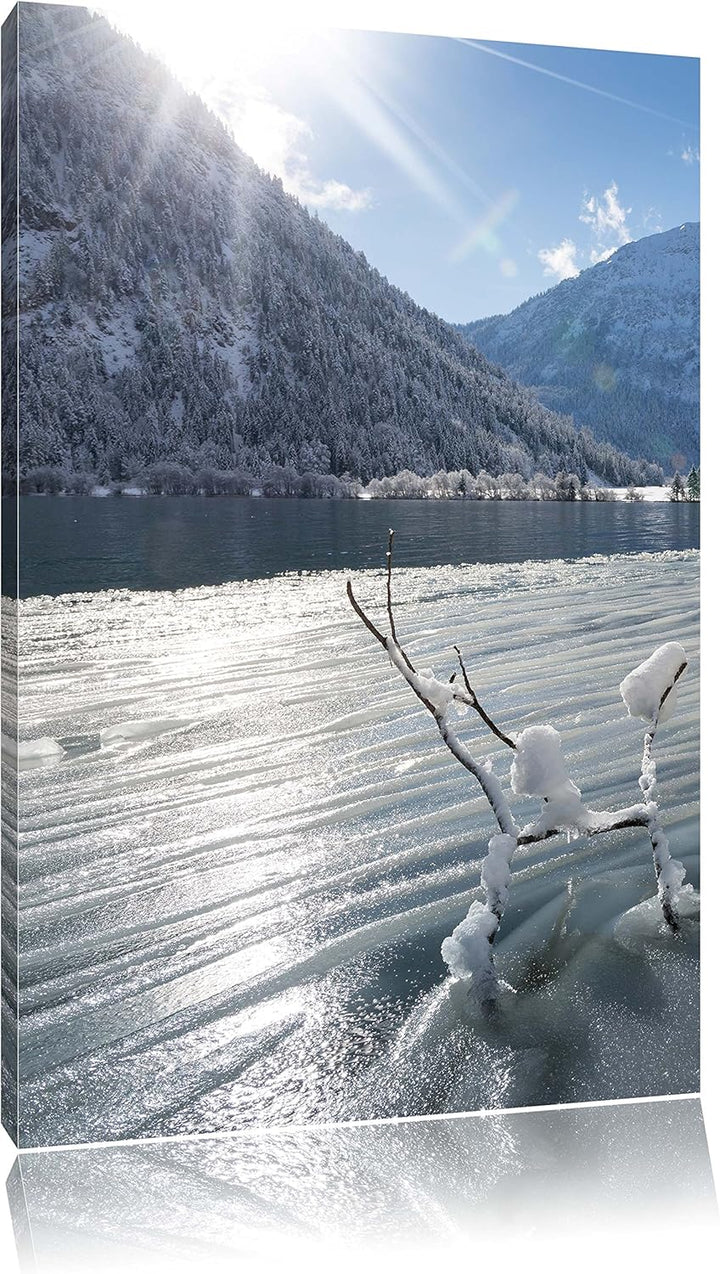 Winterlandschaft See, Format: 100x70 auf Leinwand, XXL riesige Bilder fertig gerahmt mit Keilrahmen,
