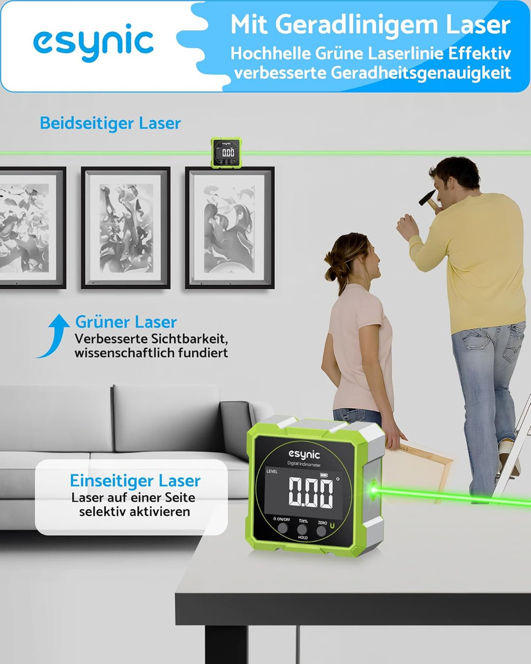 eSynic Digitaler Winkelmesser Neigungsmesser grüner Laser Wasserwaage mit LCD-VA Display 4-Seitiges