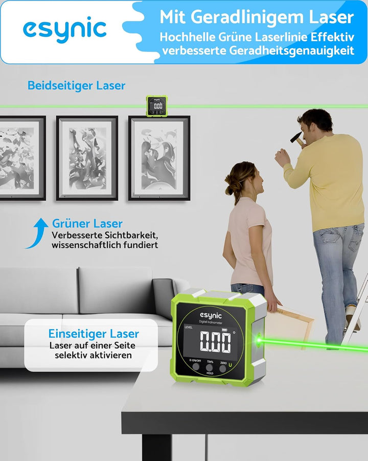 eSynic Digitaler Winkelmesser Neigungsmesser grüner Laser Wasserwaage mit LCD-VA Display 4-Seitiges