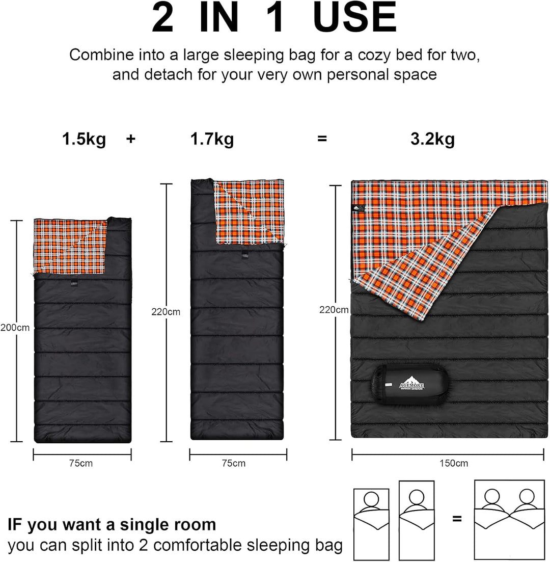 Baumwollflanell-Doppelschlafsack für Camping, Wandern oder Wandern. Queen Size 2 Person wasserdichte