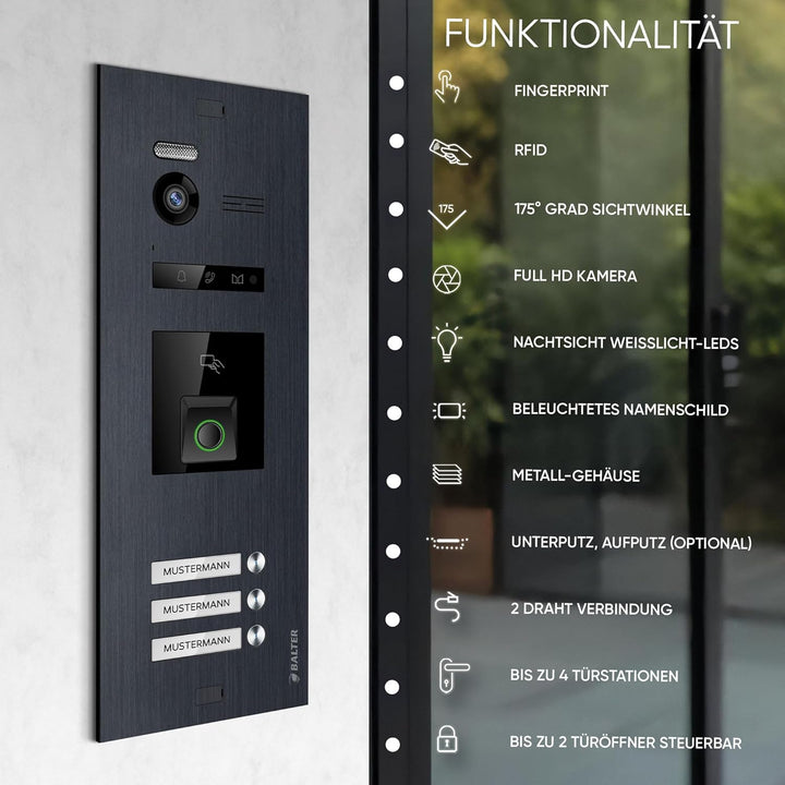Balter EVO-HD Video Türsprechanlage mit Fingerprint, Video Türklingel, Smartphone App, 3 Familienhau
