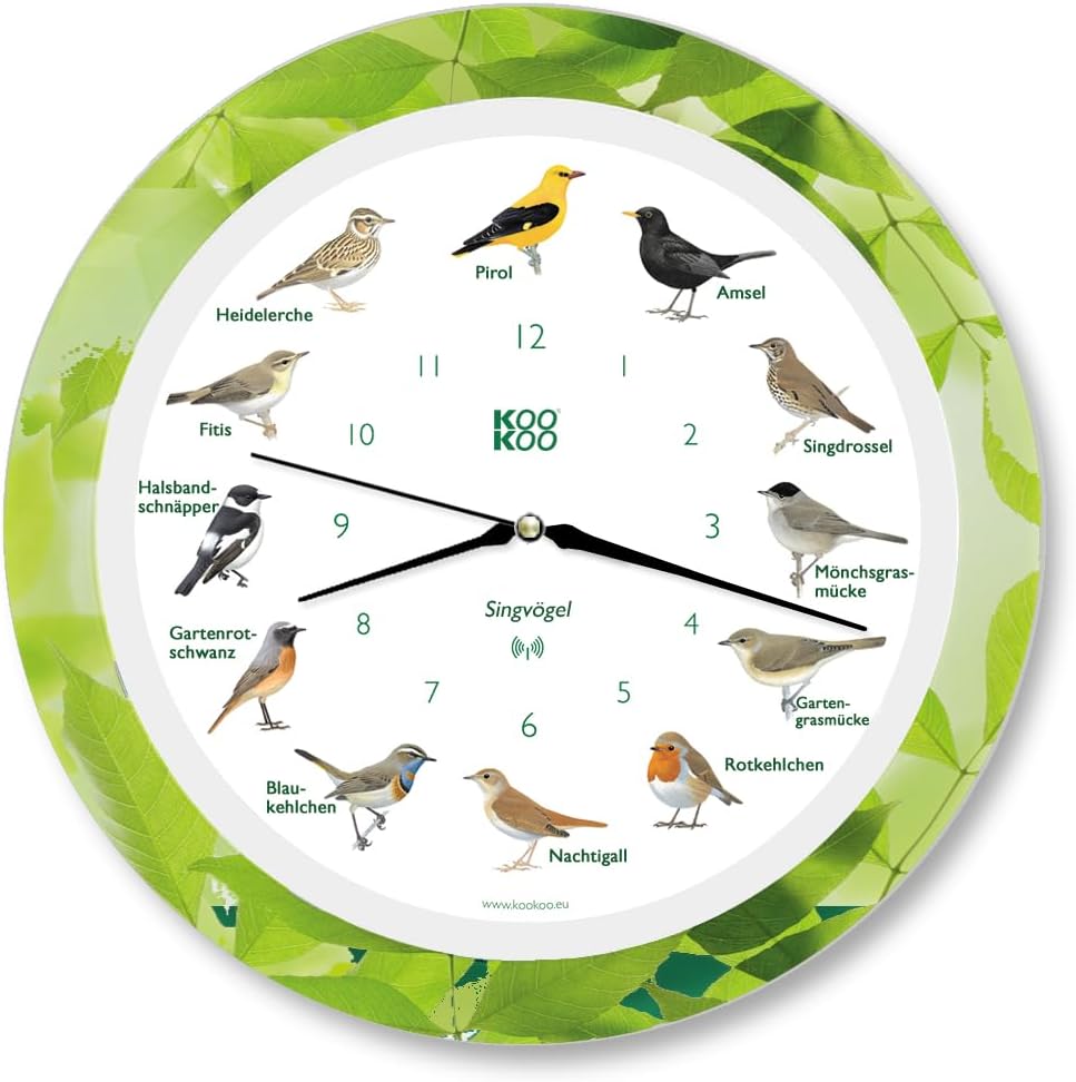 KOOKOO Singvögel Quarzwerk Leaf, Die Singende Vogeluhr, runde Wanduhr mit natürlichen Vogelstimmen,