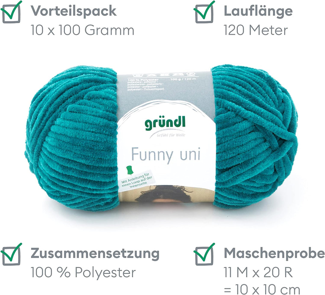 Gründl Funny uni Strick- & Häkelgarn (samtartiges Chenille-Garn aus 100 % Polyester, 100 g / 120 m,