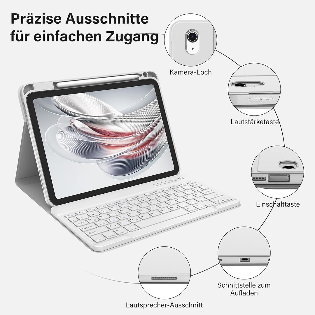 BQSS Hülle mit Tastatur für iPad A16 11" 2025/10.9" 2022, QWERTZ | Bluetooth-Tastatur, Deutsches Qwe