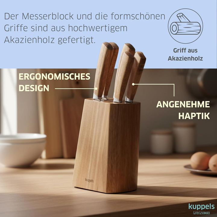 Kuppels Wood Messerblock mit Messer Set 5-teilig | Spickmesser, Allzweckmesser, Fleischmesser, Kochm