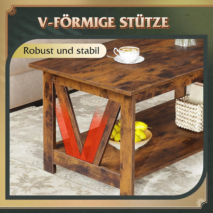 WLIVE Couchtisch Rechteckig, wohnzimmertisch Holz mit offenes Fach, V-Streben, Sofatisch Für Wohnzim