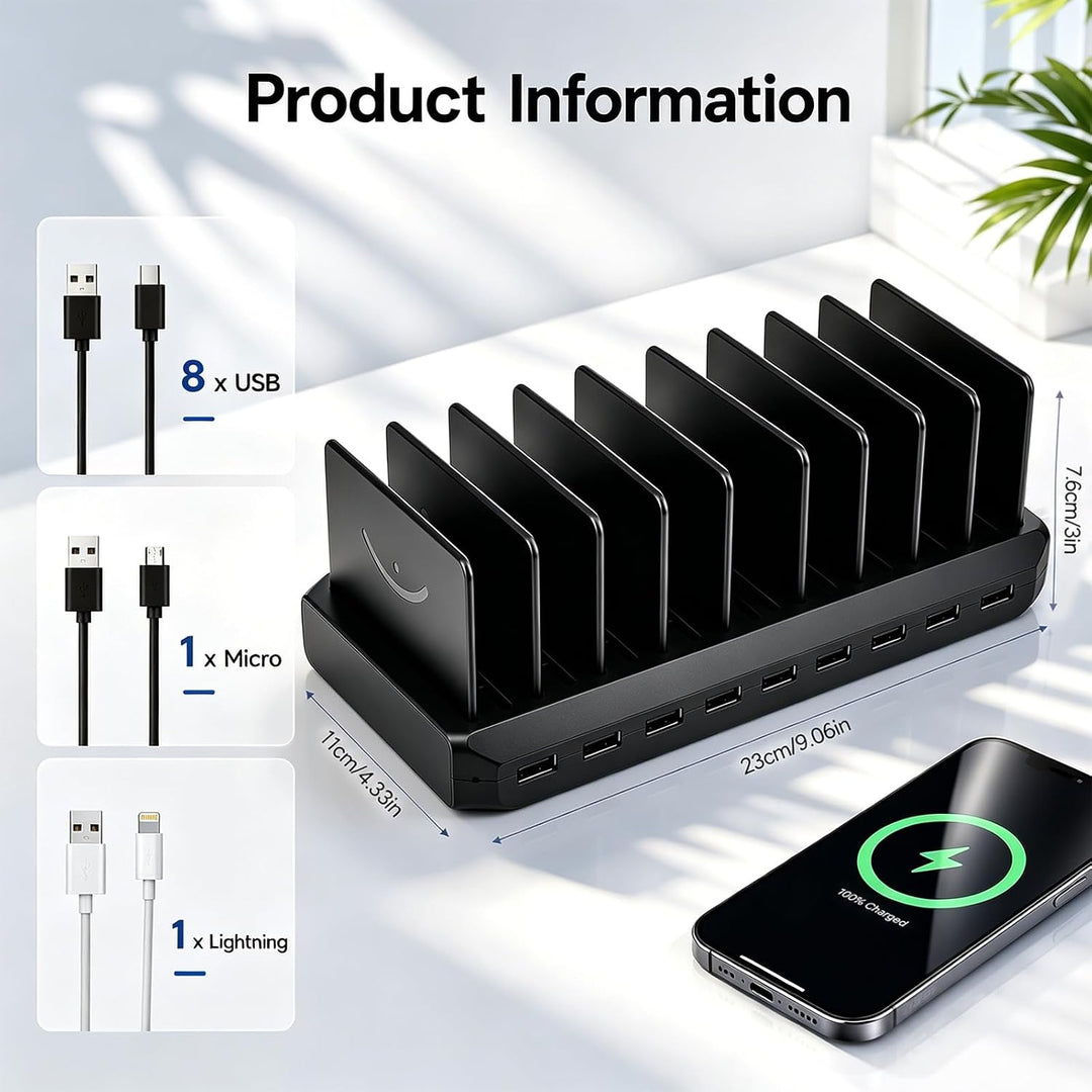 USB Ladestation 100W,10-Port Handy Ladestation Mehrfach mit verstellbarem abnehmbarem Trenner, 5V/2.