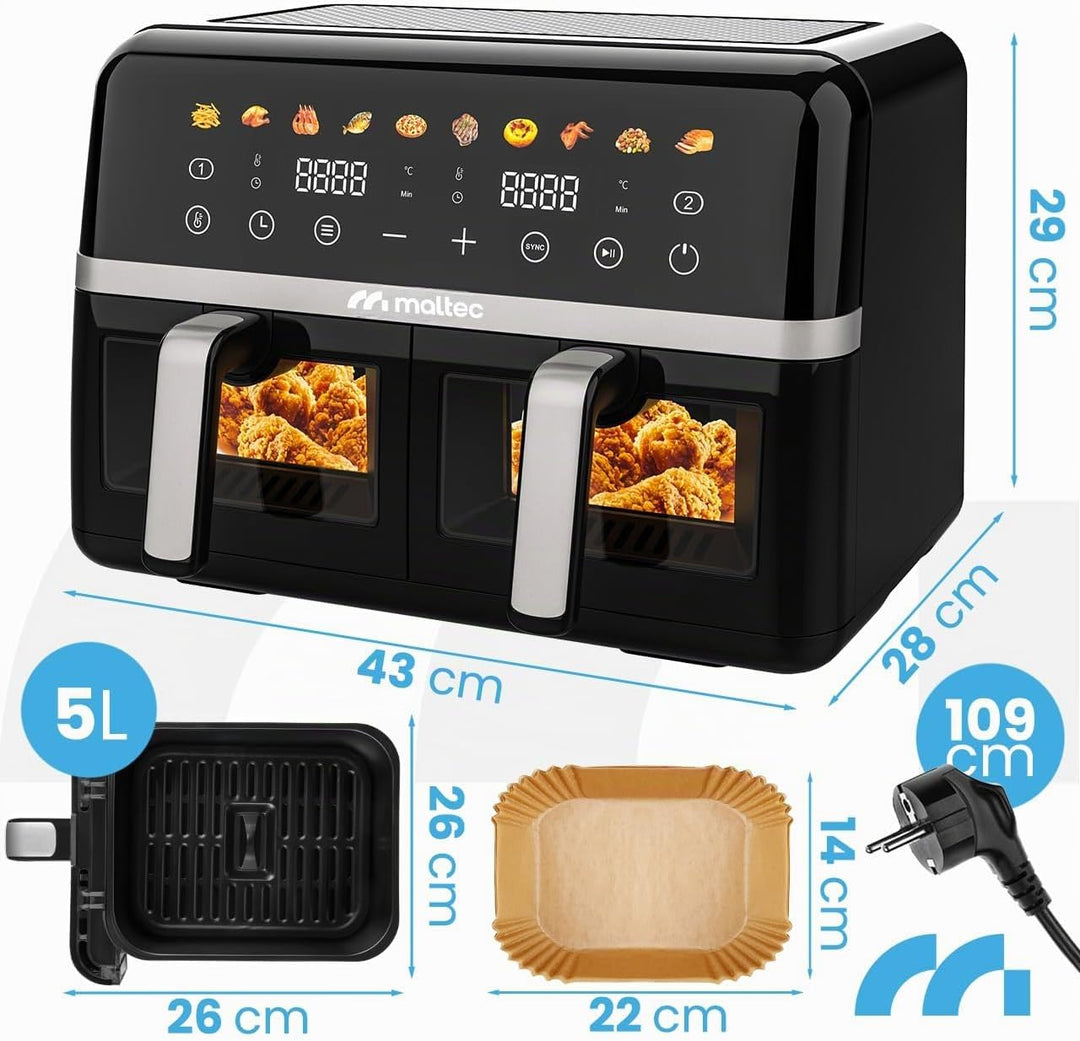 MalTec Heissluftfritteuse XL 2 kammern mit Sichtfenster, 10L Airfryer, Touchscreen, 2800 Watt, 10 Pr