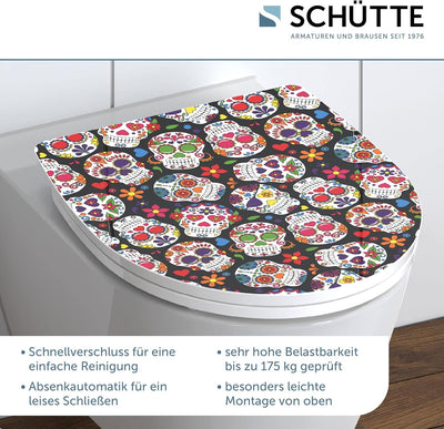 SCHÜTTE WC-Sitz Duroplast HG CRAZY SKULL, Hochglänzender Toilettensitz mit Absenkautomatik, Schnellv