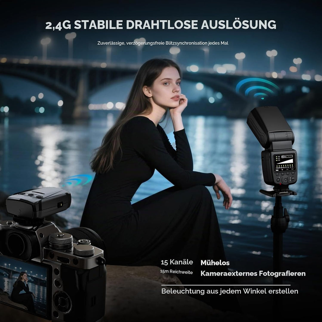 PHOTOOLEX 2.4G Blitz Flash Speedlite mit Drahtloser Auslöser für Canon Nikon Sony Panasonic Olympus