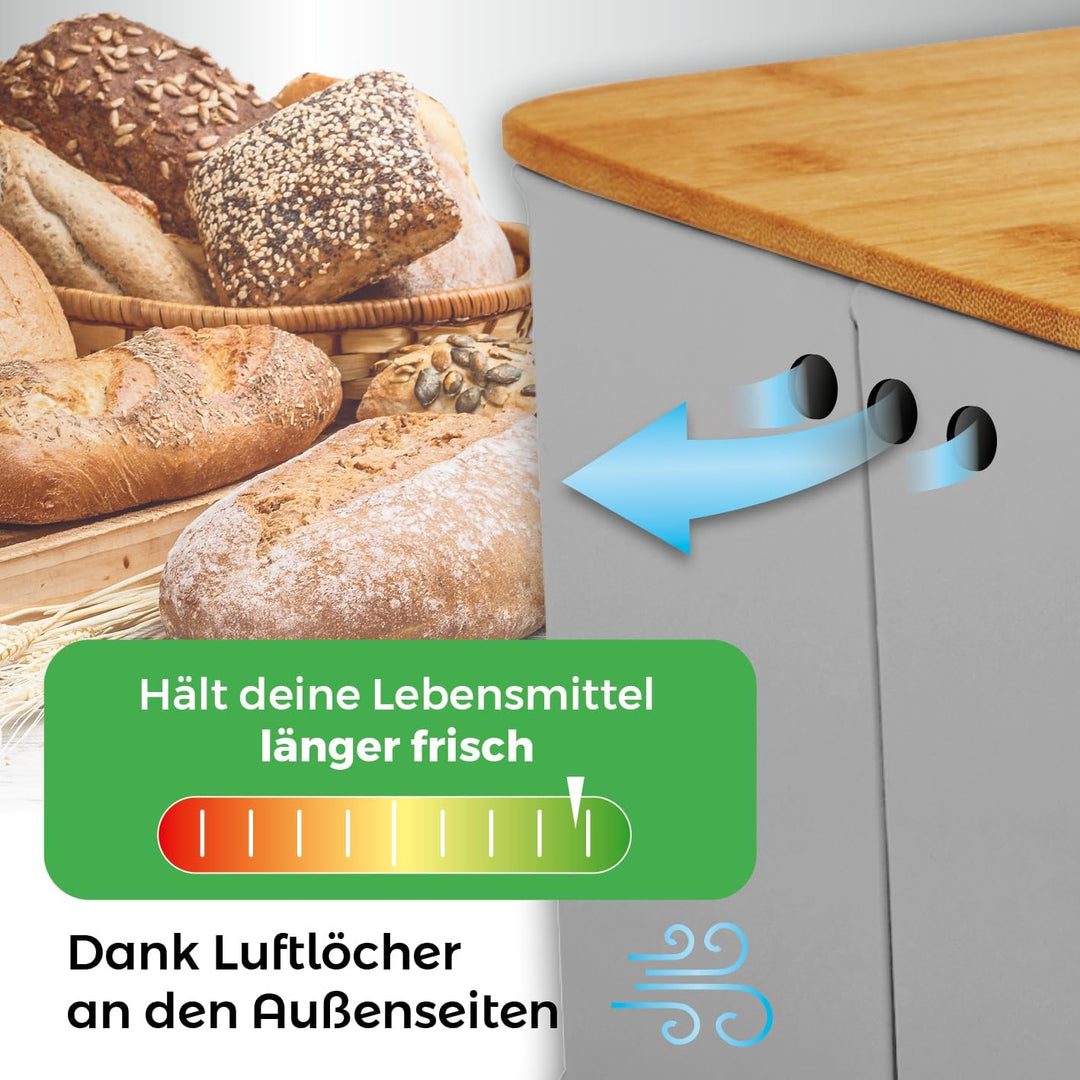 Lumaland Cuisine Brotkasten | Brotdose aus Metall mit Bambus Deckel | Brotbox rechteckig 30,5 x 23,5