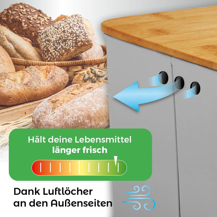 Lumaland Cuisine Brotkasten | Brotdose aus Metall mit Bambus Deckel | Brotbox rechteckig 30,5 x 23,5