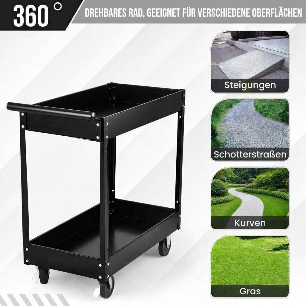Werkzeugwagen Rollbar 2 Ebenen, Bis 150 kg Belastbar, Metall Werkstattwagen Mit Rollen, Schwerlast S