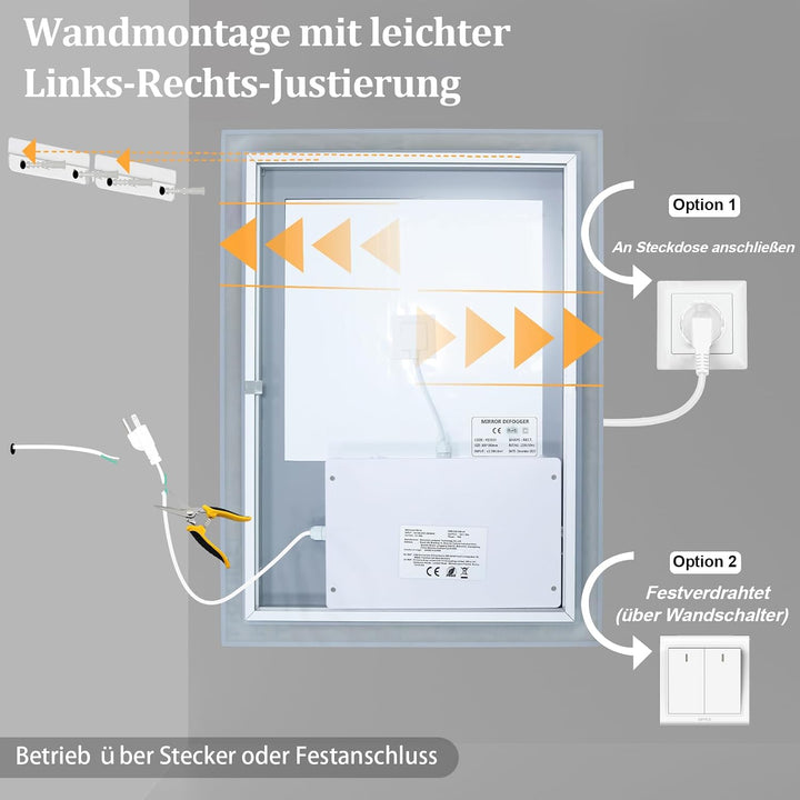 Beleuchteter Spiegel 45 x 60 cm, beleuchteter Badspiegel, LED-Spiegel mit Uhr, 3 einstellbare Lichtf