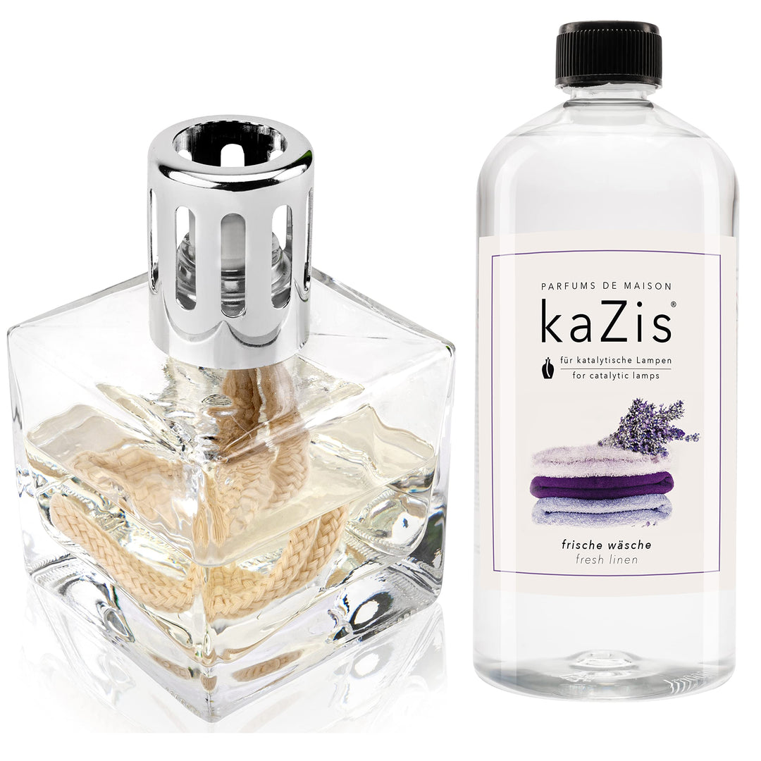 KAZIS® I Starterset katalytische Lampe + 1 Liter Frische Wäsche Duft I transparent Würfel