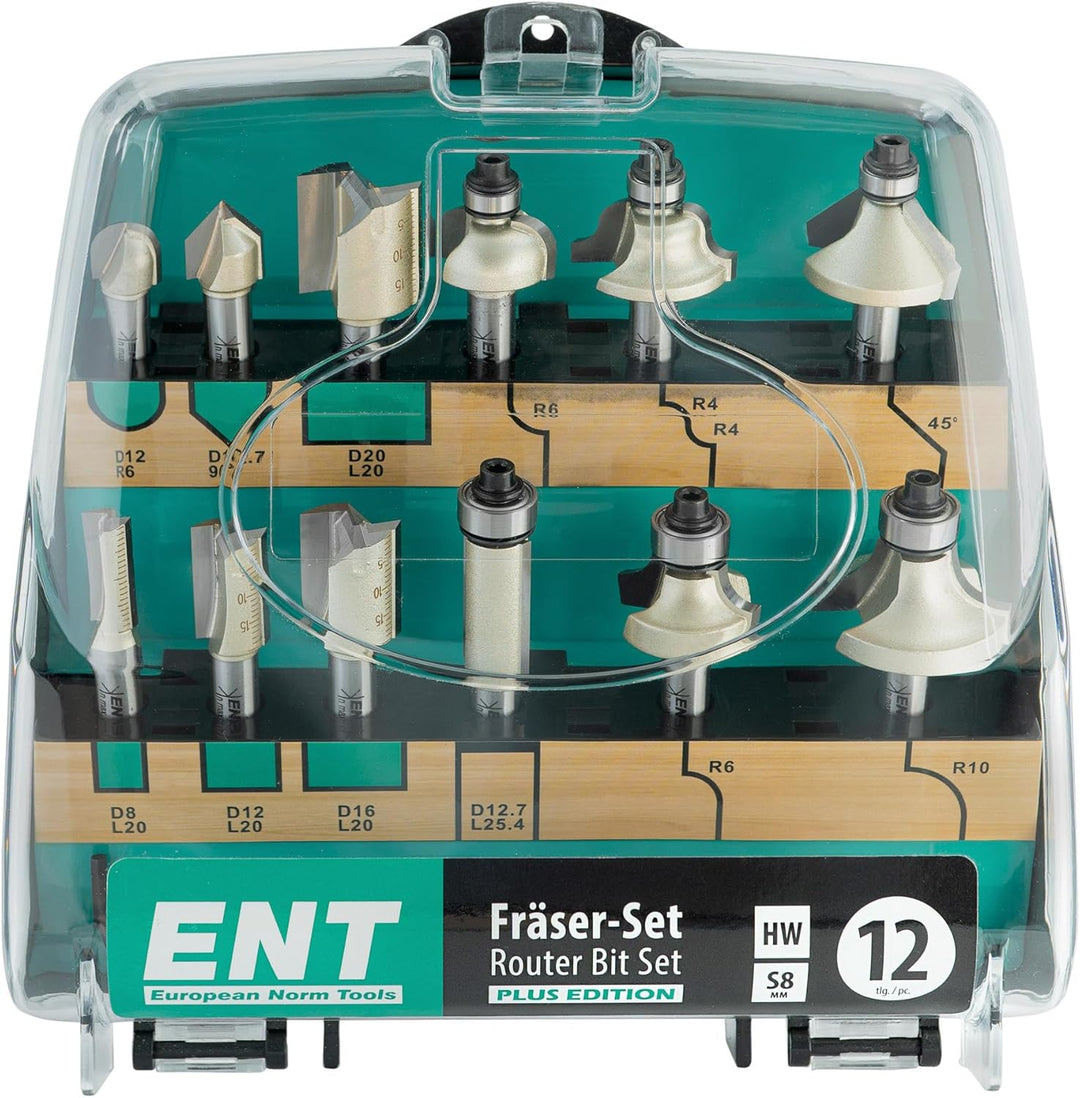 ENT 09012PLUS 12-tlg. HW Fräser PLUS Set in bruchfester Kunststoffkassette - Oberfräser mit Schaft 8