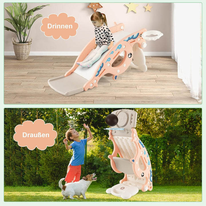 DREAMADE 4 IN 1 Kinder Rutsche mit Schaukelpferd & Basketballkorb & Ringwurfspiel, Kinder Spielplatz