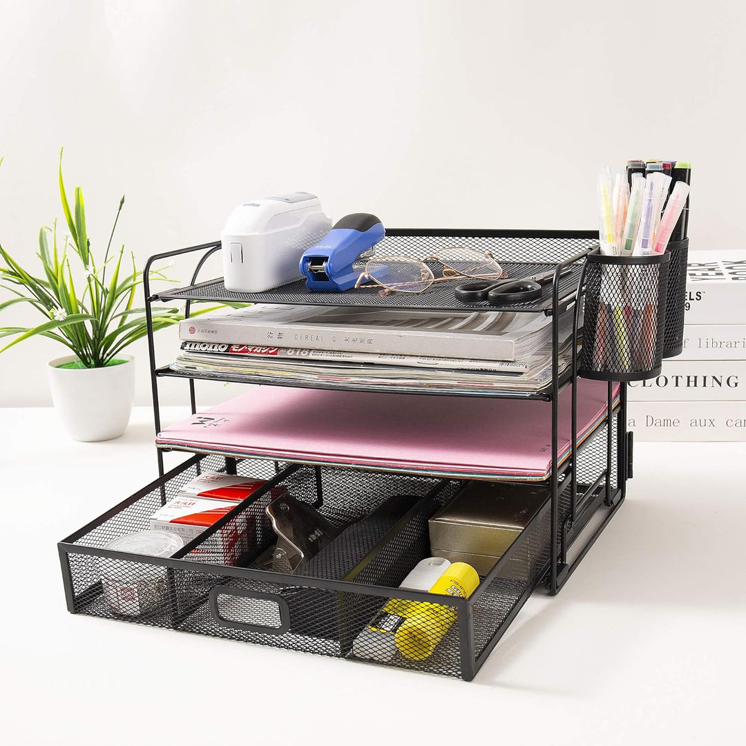 4-Trays Desktop File Organizer, Mesh Office Desk Supplies Organizer Dokument Brieffachhalter mit Sch