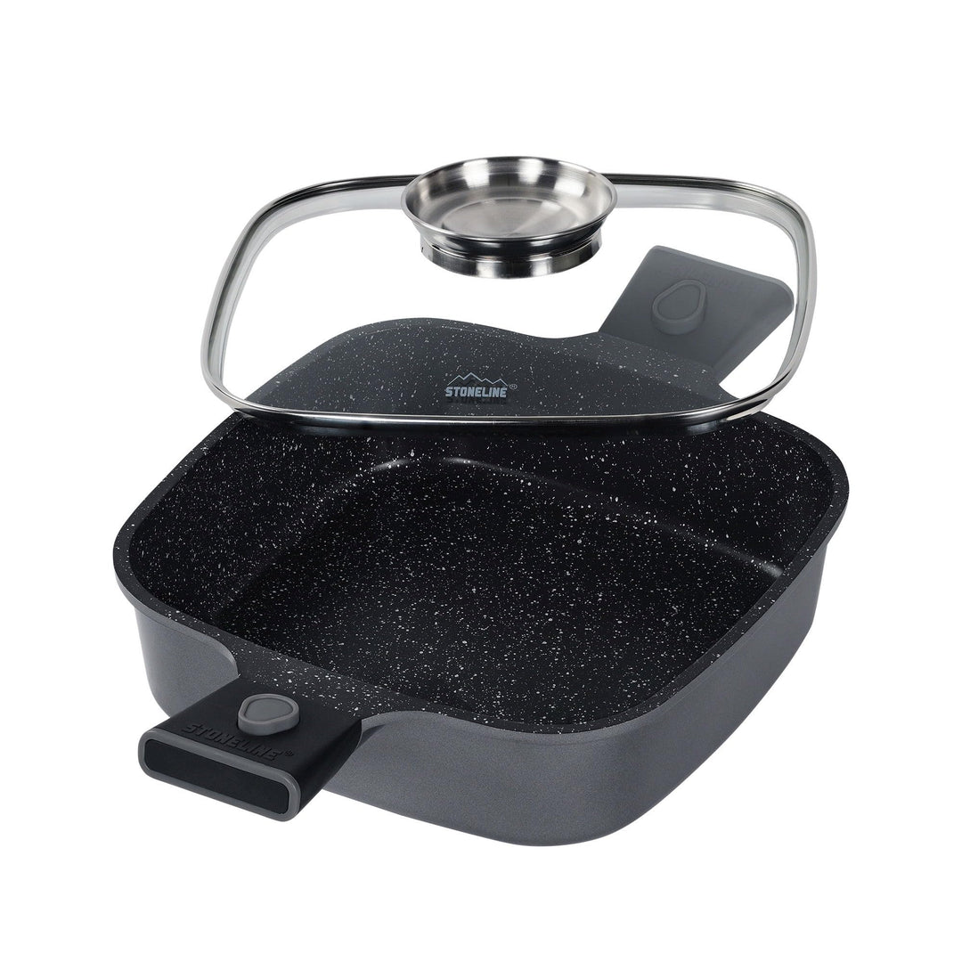 STONELINE SMART Servierpfanne 24 cm, Eckige Pfanne mit Deckel, Abnehmbarer Griff, Aluguss Pfanne Ind