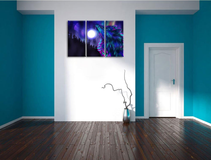 Abstrakter Wolf mit Mond als 3-Teiler Leinwandbild 120x80 Bild auf Leinwand, XXL riesige Bilder fert