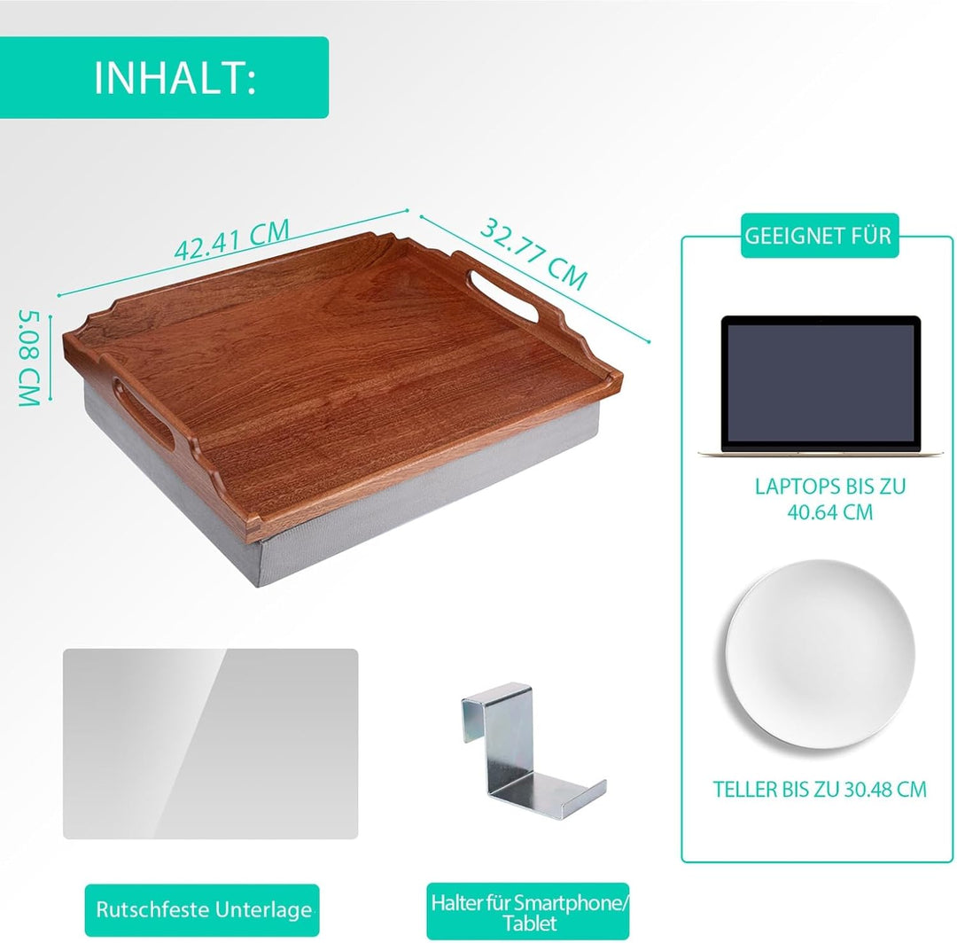 DRELIFAM Knietablett mit Kissen, Betttablett aus Holz zum Essen, Knietablett in Liege, Frühstückstab