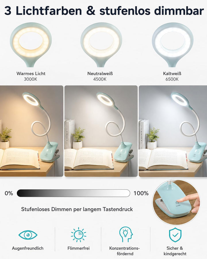 Klemmlampe Bett, LED Leselampe Bett Touch Dimmbar 3 Farben Bettlampe Klemmleuchte Augenschutz Schwan