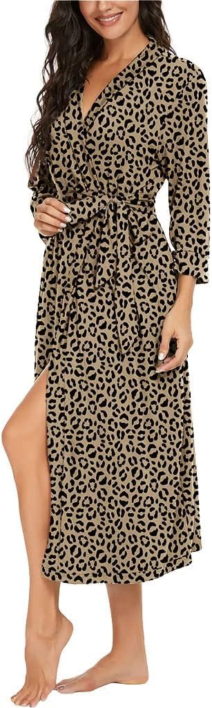 PrinStory Damen Bademantel Leichter 3/4 Ärmeln Morgenmantel V-Ausschnitt Kimono Roben Langes Nachtwä