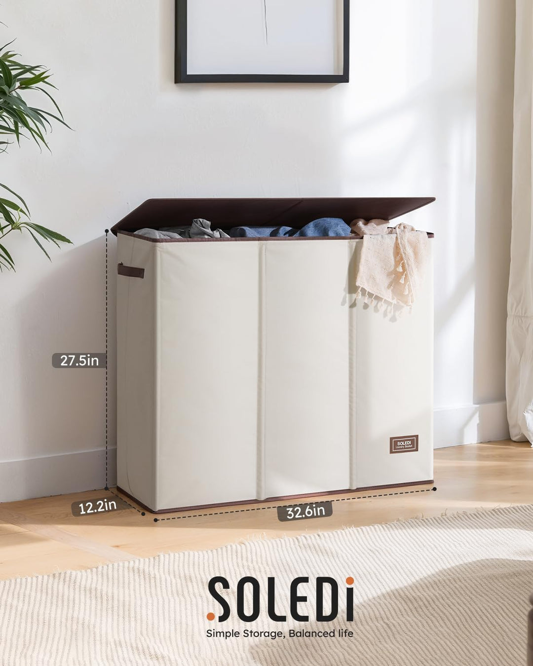 SOLEDI 180L Wäschekorb, Wäschesammler 3 fächer mit Deckel und 3 Wäschesack - Wäschesortierer Gross X