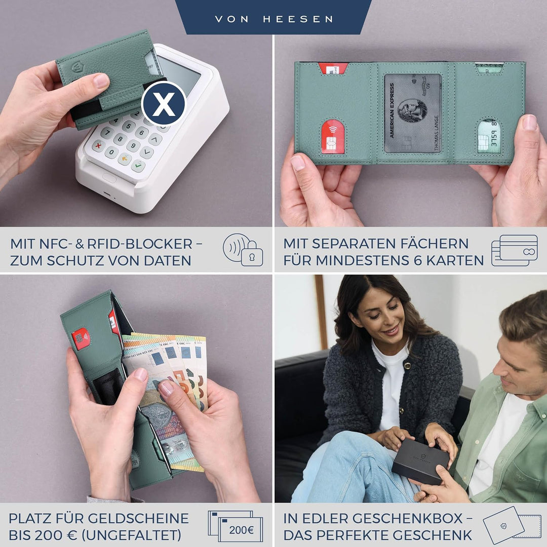 VON HEESEN Leder Slim Wallet - Geldbeutel mit RFID Schutz - Mini Geldbörse für Herren und Damen - Ka