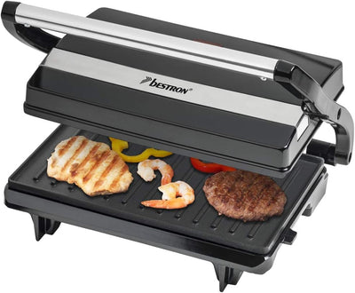 Bestron elektrischer Kontaktgrill mit Auffangschale, Sandwichmaker mit Cool-Touch-Handgriff, Paninim