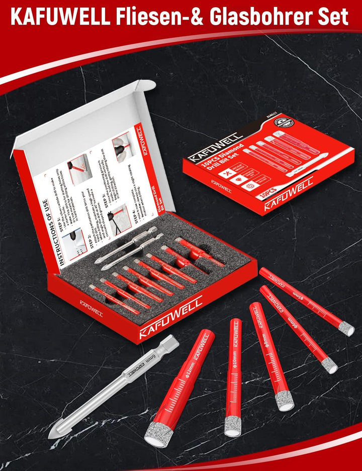 KAFUWELL Fliesenbohrer Diamantbohrer Profi-Set 10tlg, 5-12mm Glasbohrer & 6mm Karbid-Anbohrer für Ke