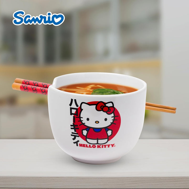 Silver Buffalo Hello Kitty KTY511KD Ramenschale mit Essstäbchen, Keramik, 590 ml, Weiss/mehrfarbig,