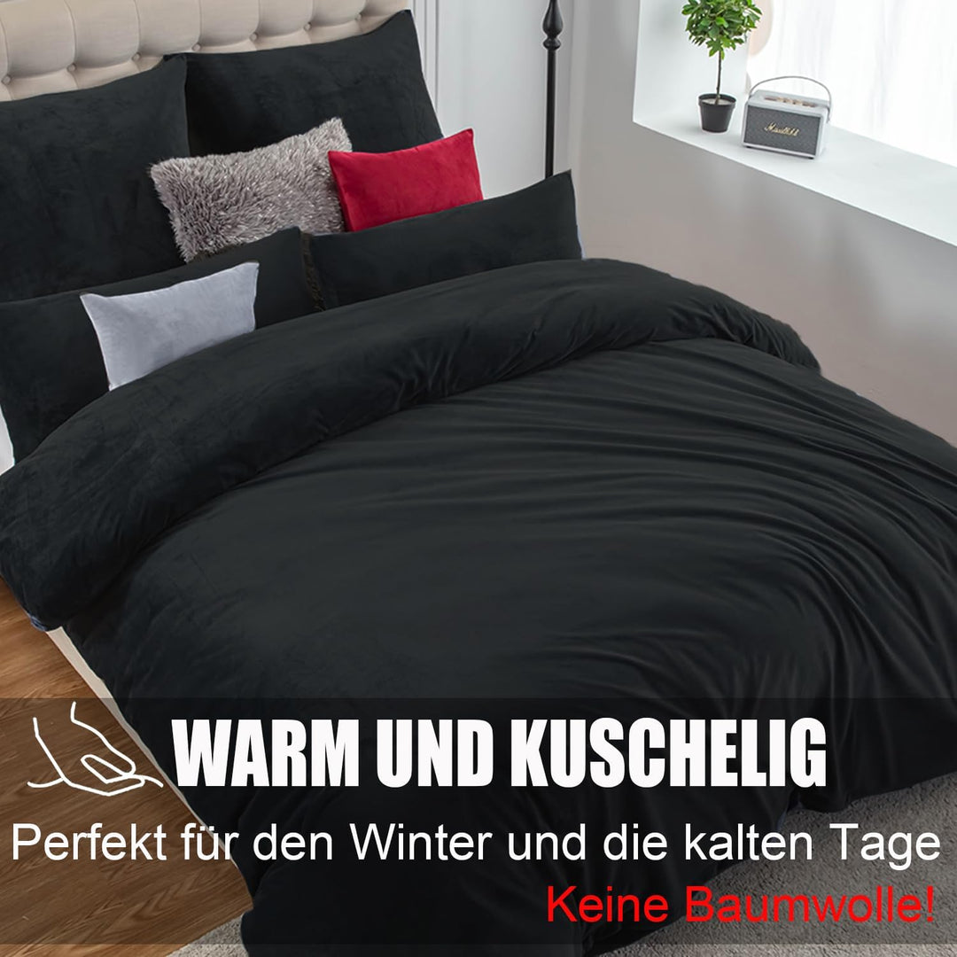 Soifox Winter Flanell Bettwäsche 200x220 - Schwarz Flauschige und Warme Cashmere Touch Bettbezug + K